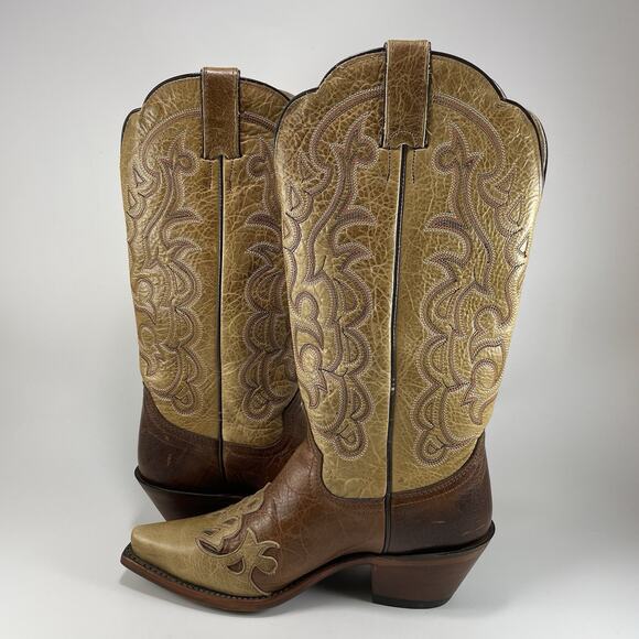 Justin Cowboy Damiana Boots L4337 Leather Snip Toe Size 6.5 B Tan Brown 2 Tone - Picture 4 of 10